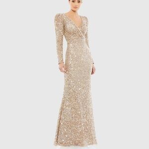 NWT Mac Duggal Gold Puff Shoulder Long Sleeve Sequined Gown 5510 Size 6